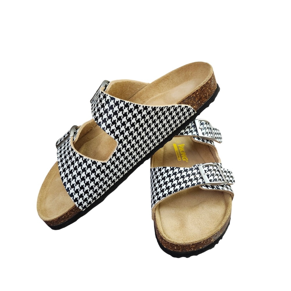 Viking Sandals Womens 42 Black White Houndstooth Two Strap Cork Slide Sandals
